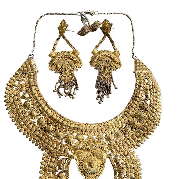 Jewelry Statement Set Necklace Drop Earrings Ring Adjustable Gold Tone - Picture 7 of 15